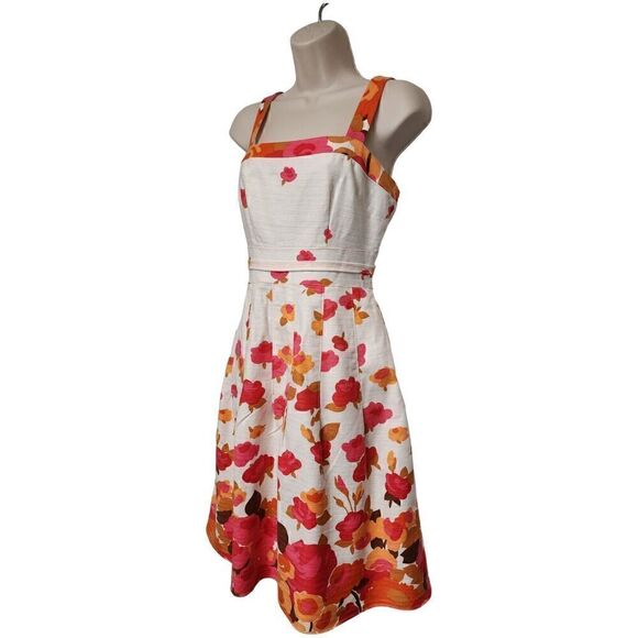 Adrianna Papell Women's Multicolor Floral Beige/Orange Fit-Flare Knee Dress Sz 6 - Picture 3 of 9